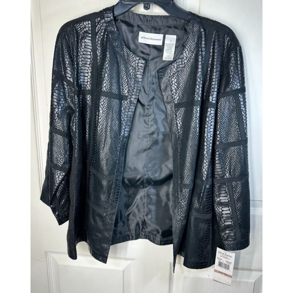 Alfred Dunner Faux Snake Open Front Jacket Size 14 Black 3/4 Sleeve Fully Lined